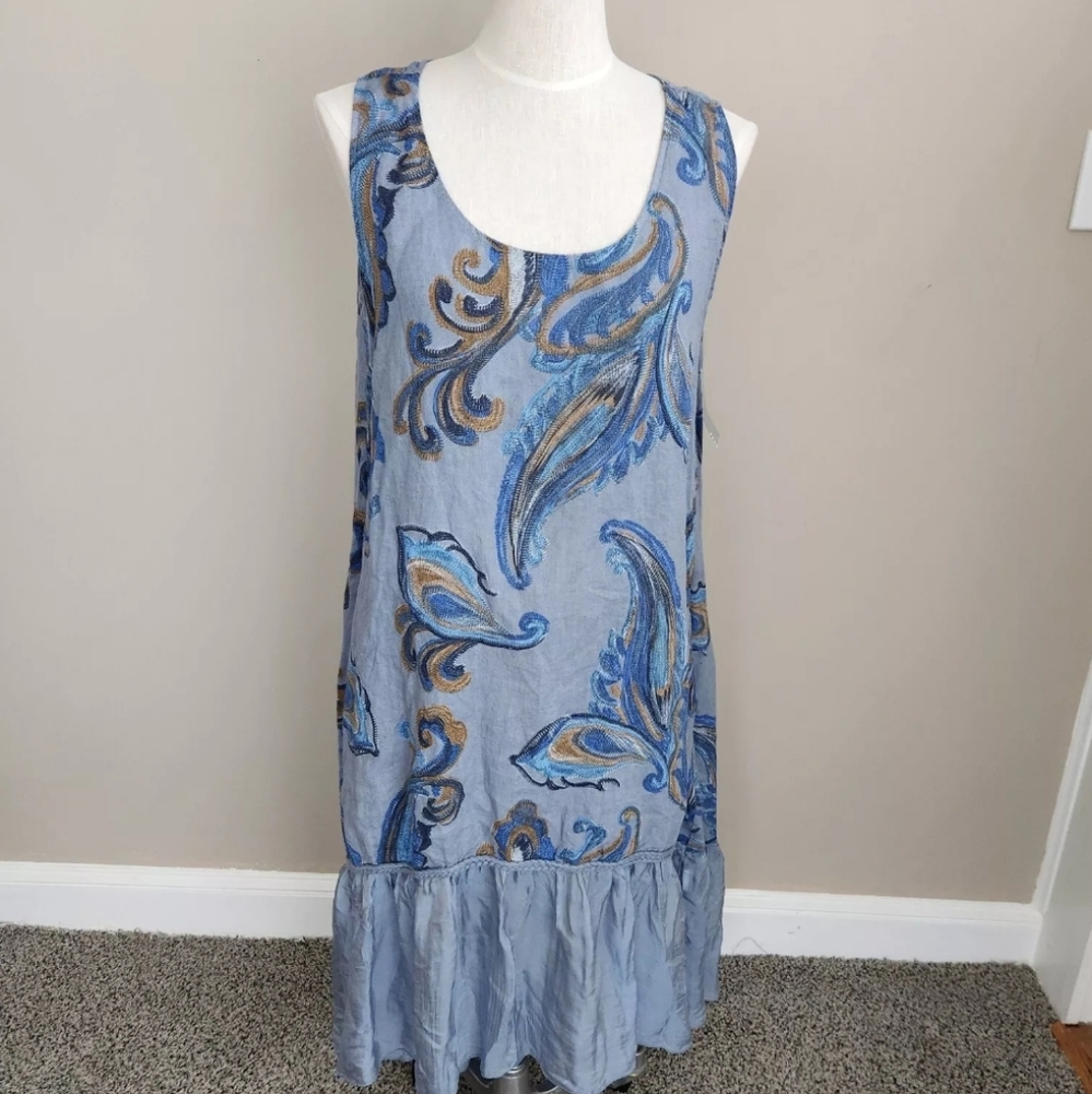 Shyloh Italy Linen Tie Dye Embroidered Hi-Lo Sun Dress with pocketsOne Size~NWT